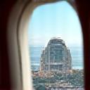 Airplane window view hotel